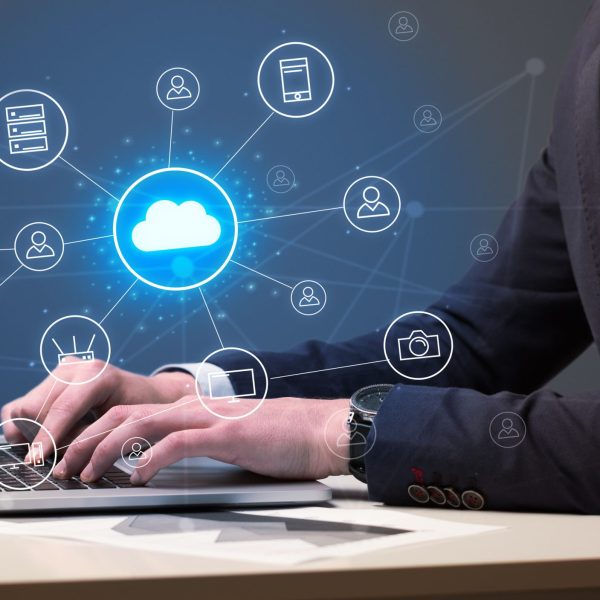 Hand typing with cloud technology system concept