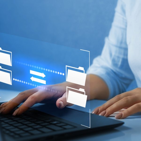 FTP(File Transfer Protocol) files receiver and computer backup copy. File sharing isometric. Digital system for transferring documents and files online.Data Transfer concept.